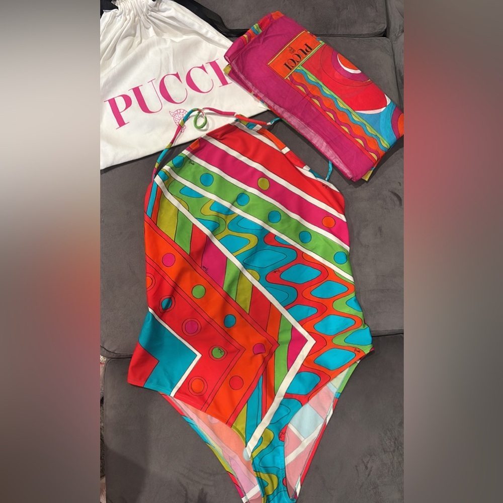 Pink and Blue and orange  100% original Emilio Pucci swimsuit with scarf